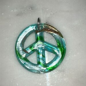 Peace sign pendant acrylic tie dye blue green gold silver tone 1.75” x 1.75”